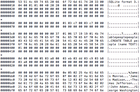 Hex dump of unencrypted database